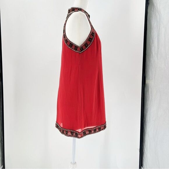 NBD Red Floral Black Gold Beaded Halter Cocktail Mini Dress Size Large - Picture 2 of 12